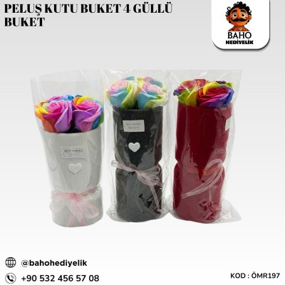 Ömr197 peluş kutu buket 4 güllü buket