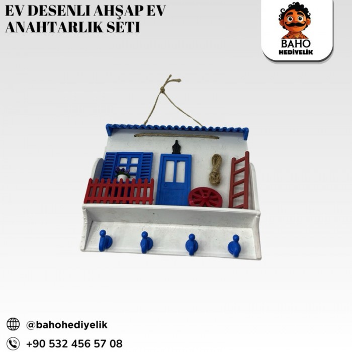 Ev Desenli Ahşap Ev Anahtarlık Süsü