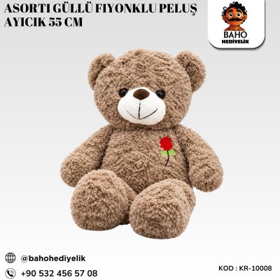 Kr-Pls10008 Asorti Güllü Fiyonklu Peluş Ayıcık 55 Cm