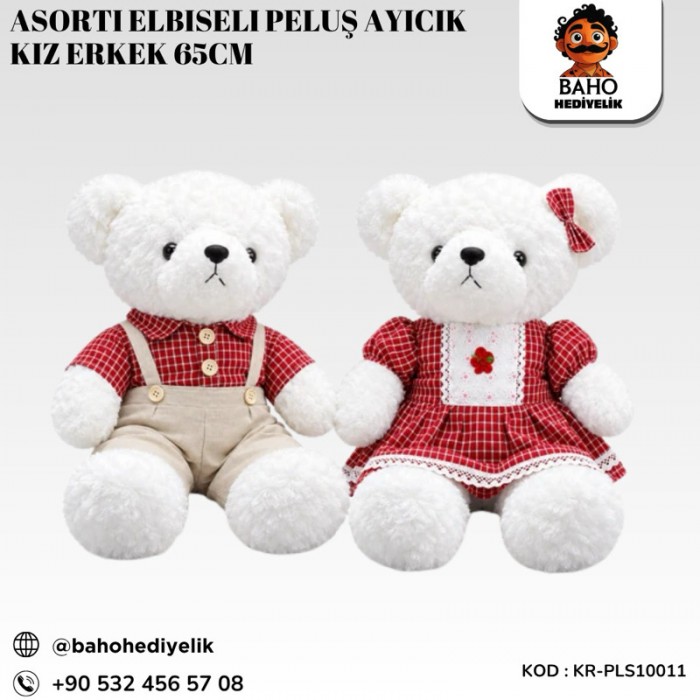 Kr-PLS10011 Asorti Elbiseli Peluş Ayıcık Kız Erkek 65 cm